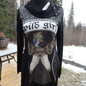 WLOVE PARIS WILD GIRL GOTH QUIRKY BLACK FASHION TUNIC MINI DRESS GYPSY M L 44